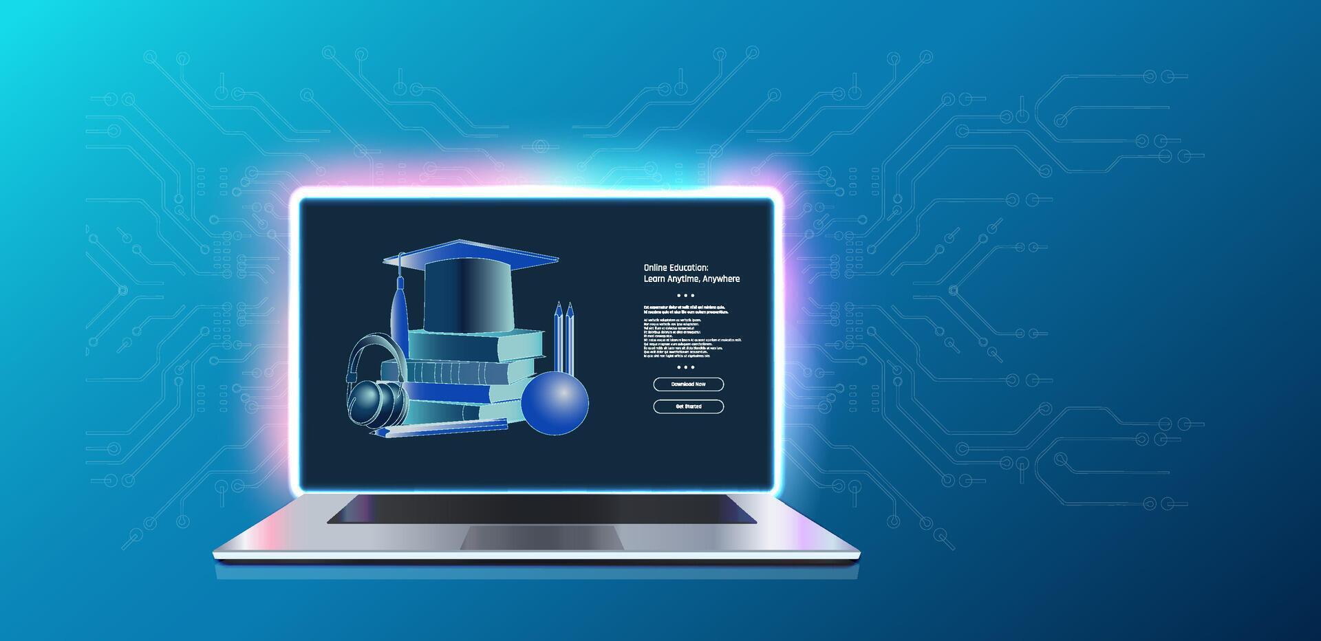 Computer displaying futuristic education concept with digital learning tools and graphics. vector