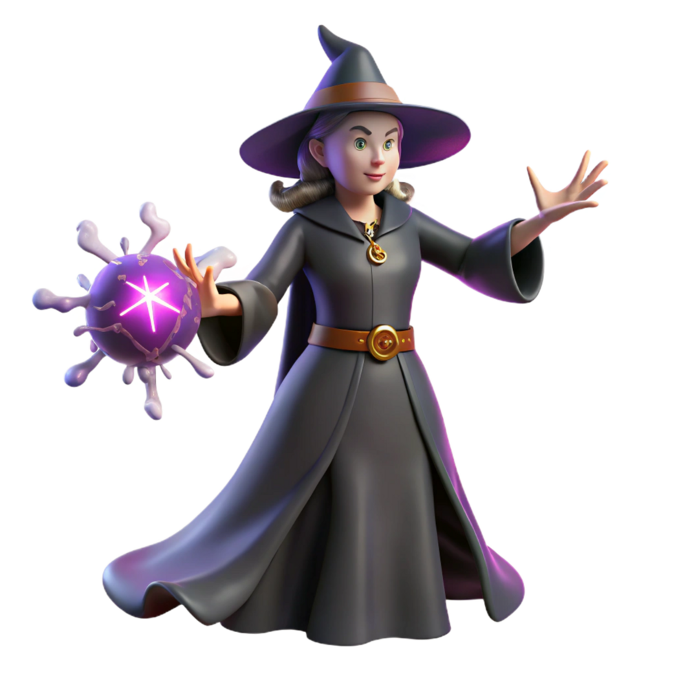 3D Render of a Young Witch Casting a Spell with a Magical Orb Illustration png