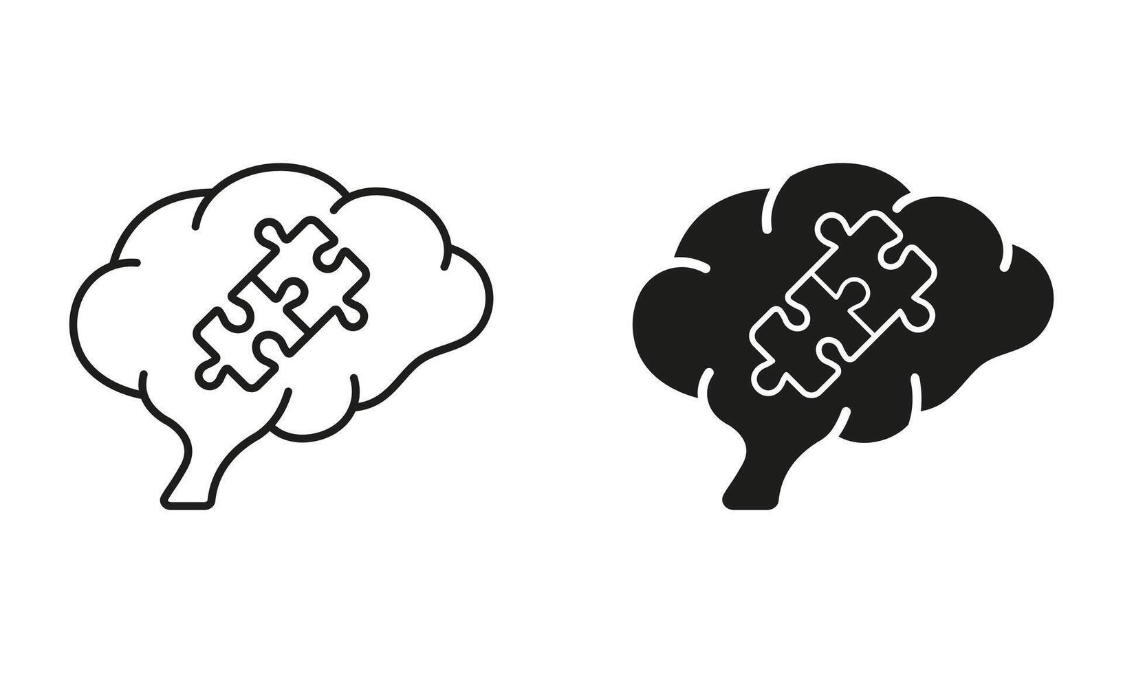 Puzzle and Human Brain Line and Silhouette Icon Set. Jigsaw Creative Mind Concept. Problem Solving and Find Solution Linear Pictogram Collection. Editable Stroke. Isolated Illustration vector