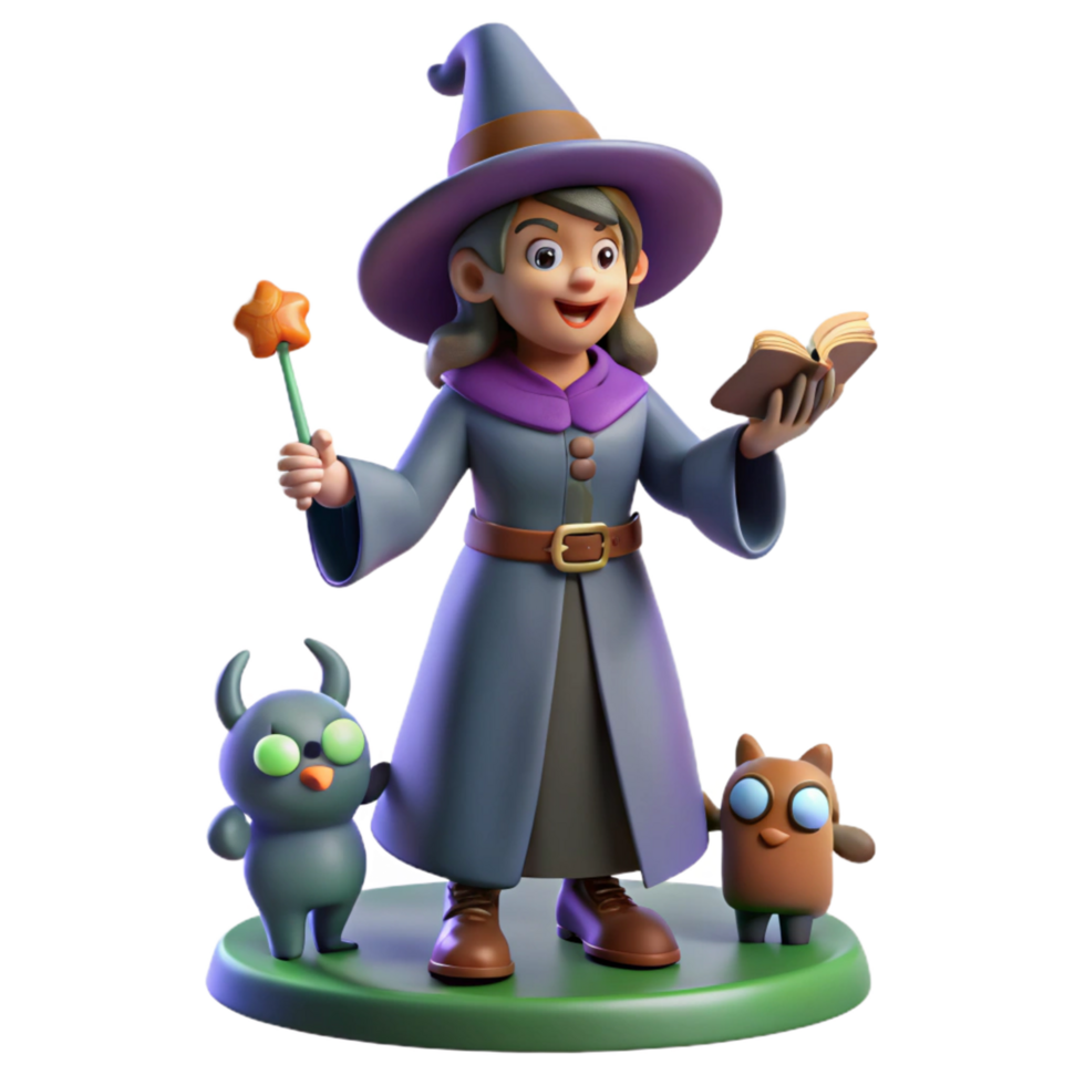 3D Render Young Witch with Book and Magical Wand png