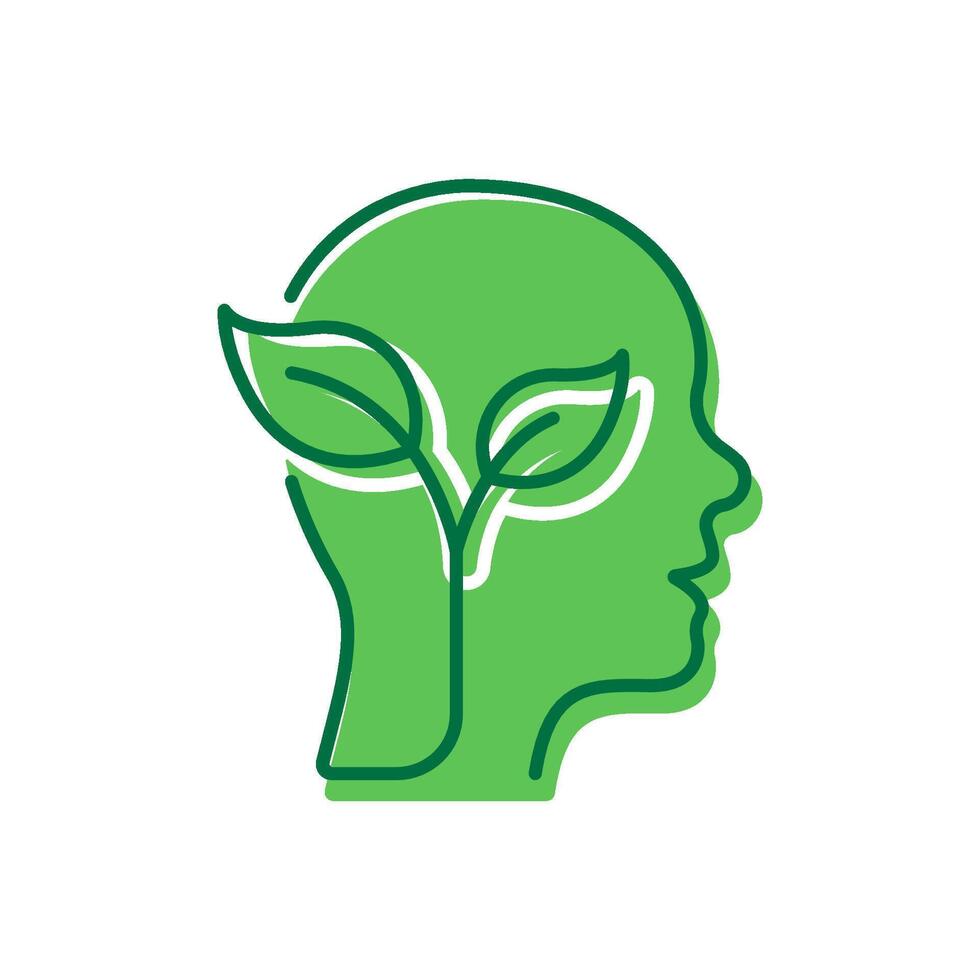 Leaf and Person Brain Ecology Environment Concept Icon. Plant in Human Head Pictogram. Tree Branch Ecology Idea Icon. Green Thinking. Editable Stroke. Isolated Illustration vector