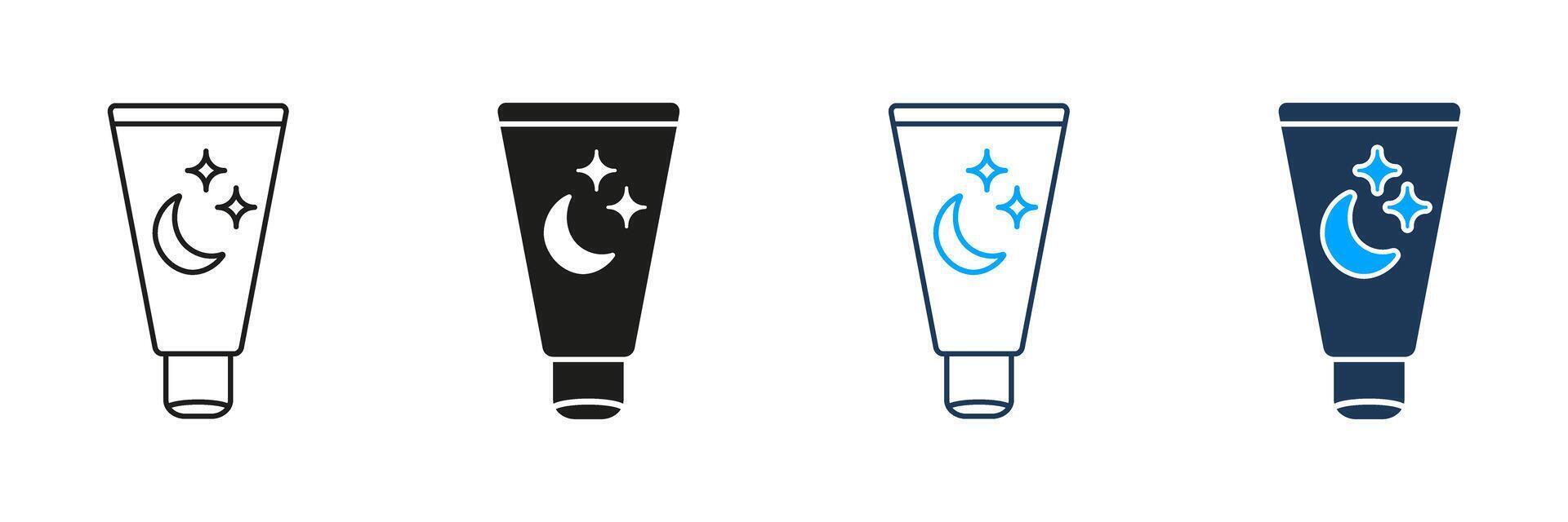 Night Cream Tube with Moon and Stars Line and Silhouette Icon Set. Bedtime Skincare Product Symbol. Nighttime Beauty Product for Skin Care. Editable Stroke. Isolated Illustration vector