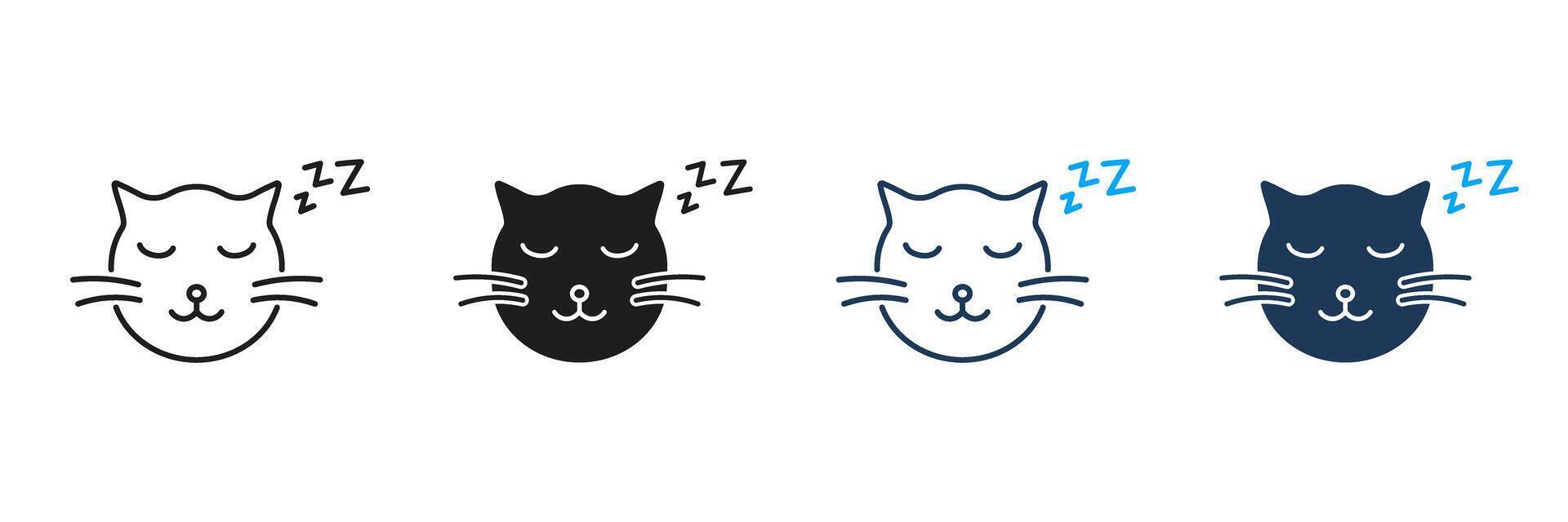 Sleeping Cat Face with ZZZ Line and Silhouette Icon Set. Peaceful Pet Rest and Relaxation Symbol. Calm and Cozy Animal Nap. Editable Stroke. Isolated Illustration vector