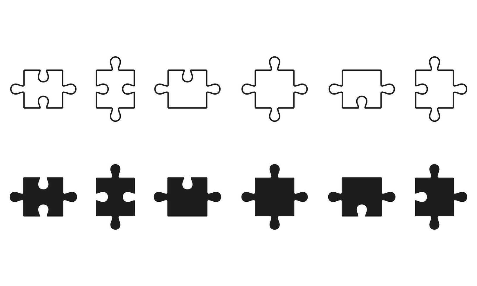 Puzzle Pieces Fit Line and Silhouette Icon Set. Teamwork, Idea, Logic Game, Combination Solution Concept. Editable Stroke. Isolated Illustration vector