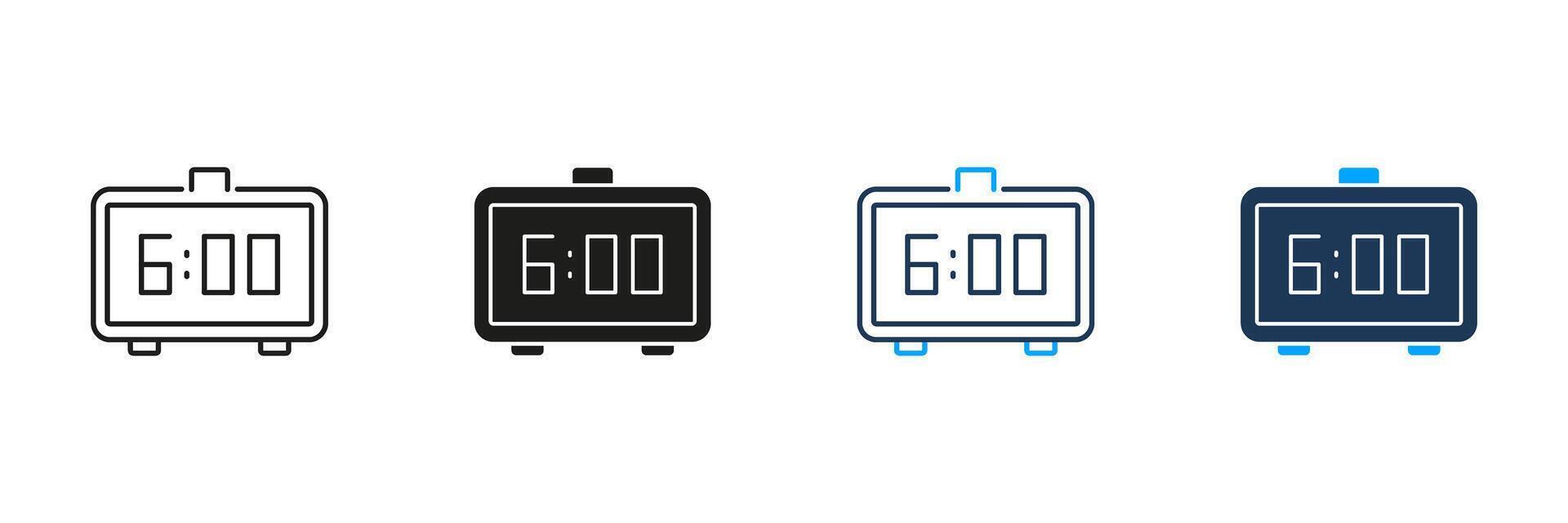 Digital Alarm Clock Showing 6.00 Line and Silhouette Icon Set. Morning Wake Up Time Display Symbol. Editable Stroke. Isolated Illustration vector