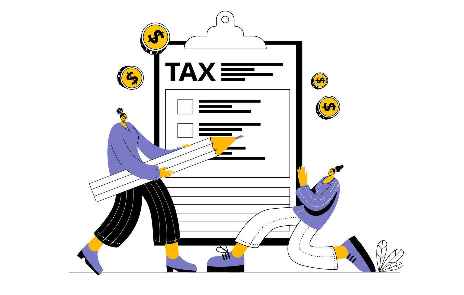 Two characters filling in a tax form. vector