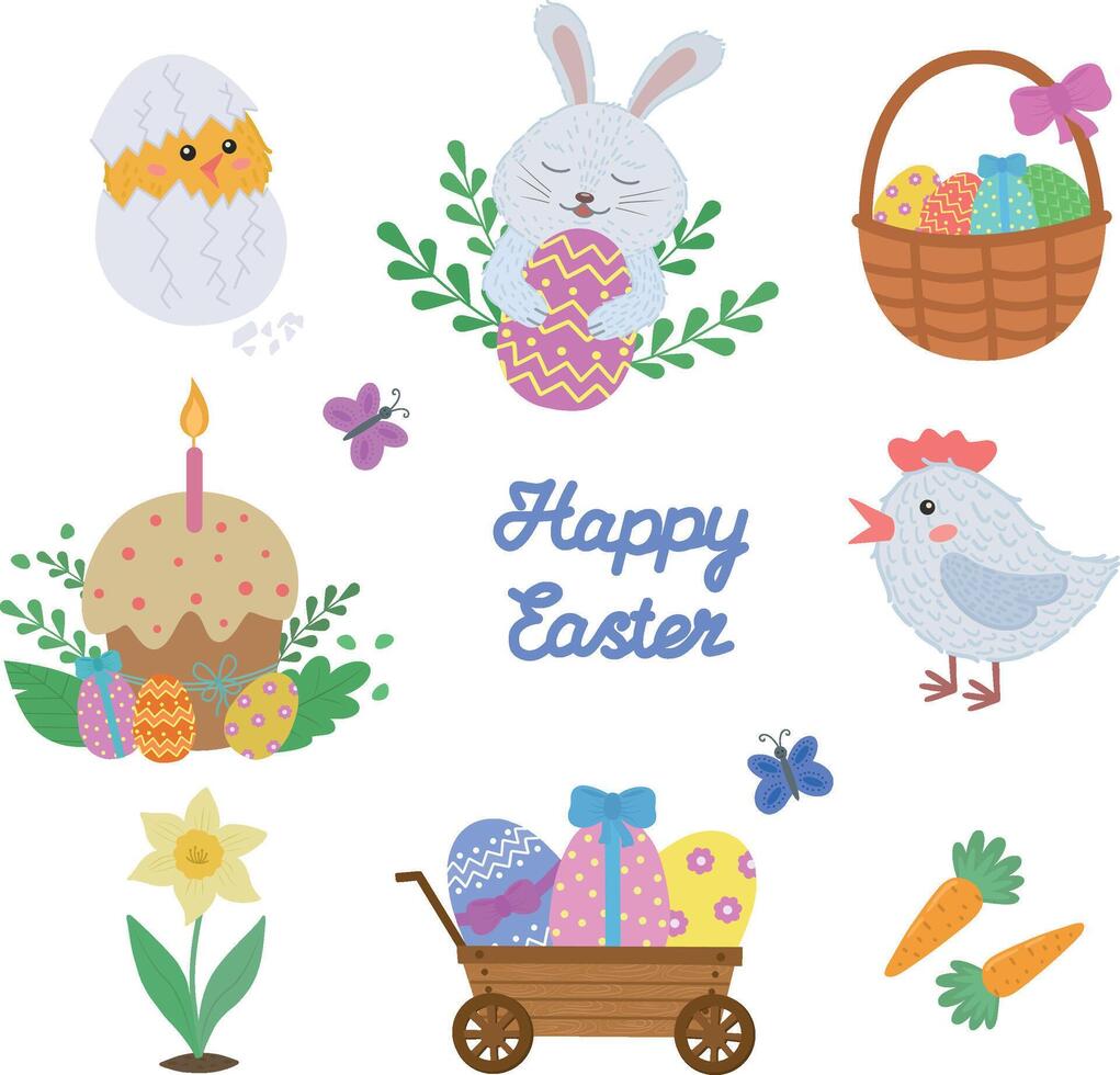Easter set with cute rabbit, eggs, cake, chicken, carrots, flowers. A charming Easter set with traditional festive decor and calligraphic inscriptions. illustration vector
