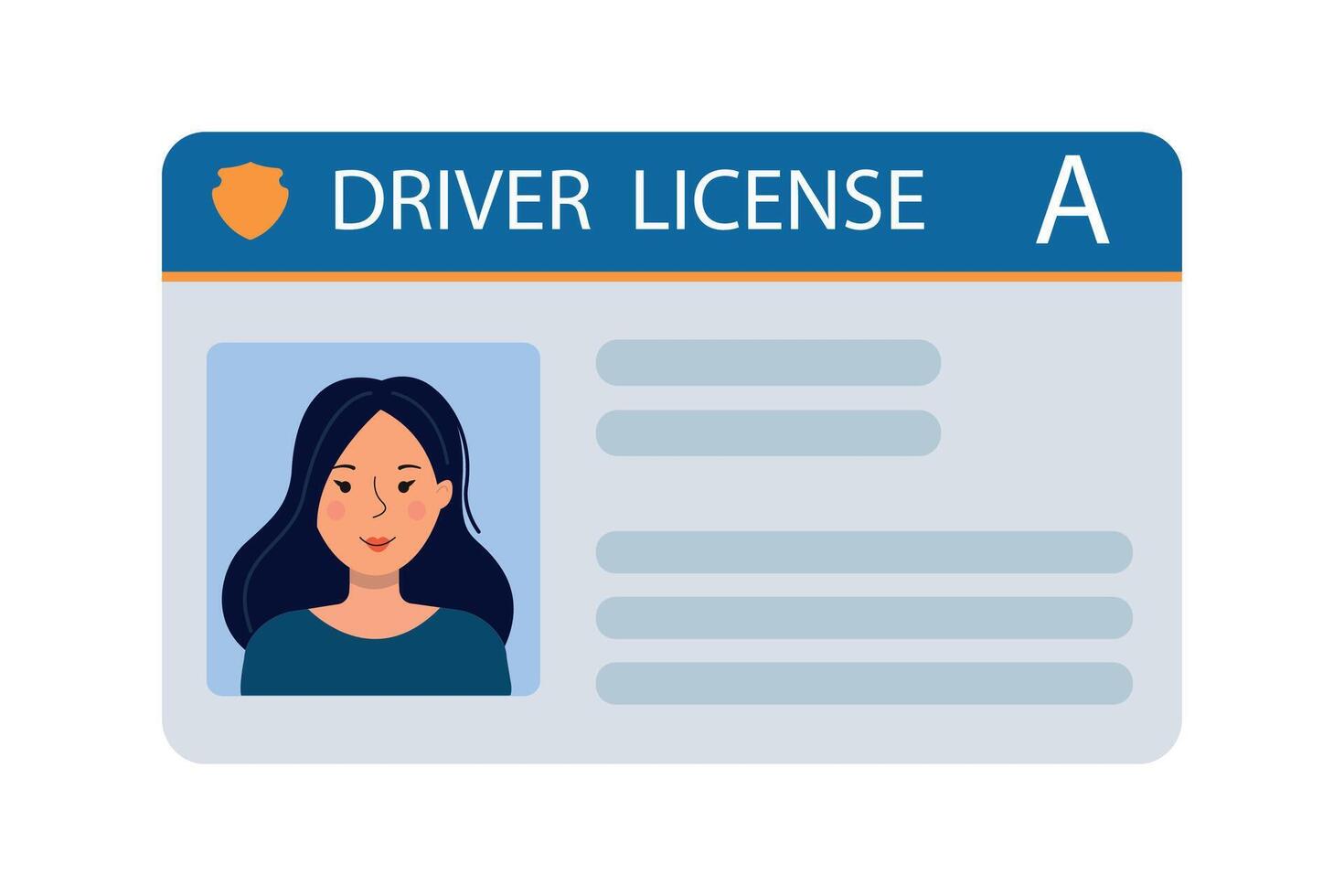 The car driver's ID card with a photo of a woman. Vehicle driver's identification card. Stamp, barcode, plastic identification card. illustration in a flat style vector