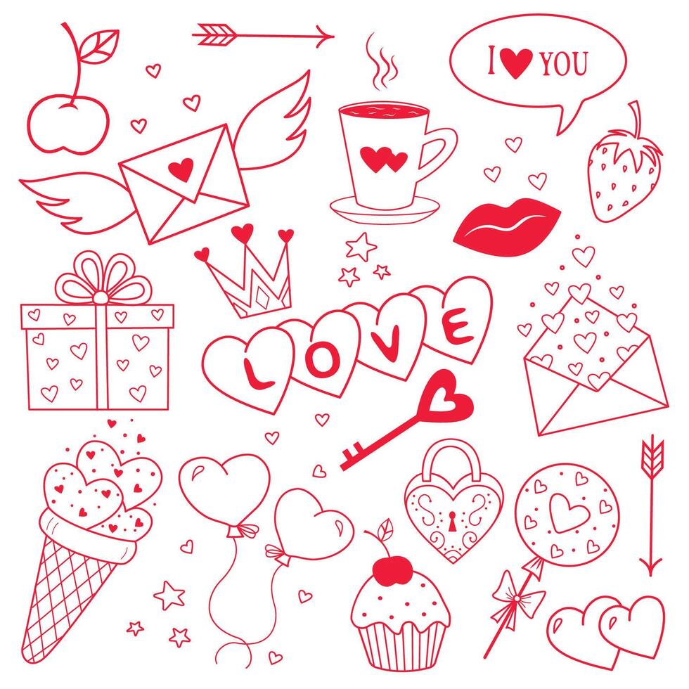 Set of illustrations on the theme of Valentine is Day. Wedding elements, hearts, romantic badges. A set of drawings for Valentine's Day. Designer illustration for Valentine's day wedding. vector