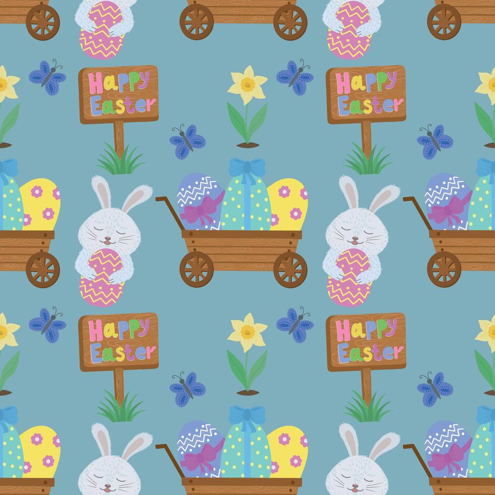 Seamless pattern with Easter eggs, chicken, butterflies, flowers. illustration of Easter wrapping paper design with colorful eggs - seamless background. . vector