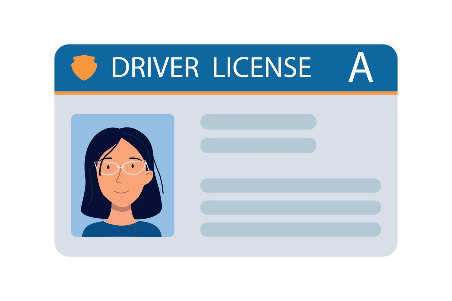 The car driver is ID card with a photo of a woman. Vehicle driver's identification card. Stamp, barcode, plastic identification card. Illustration in a flat style vector