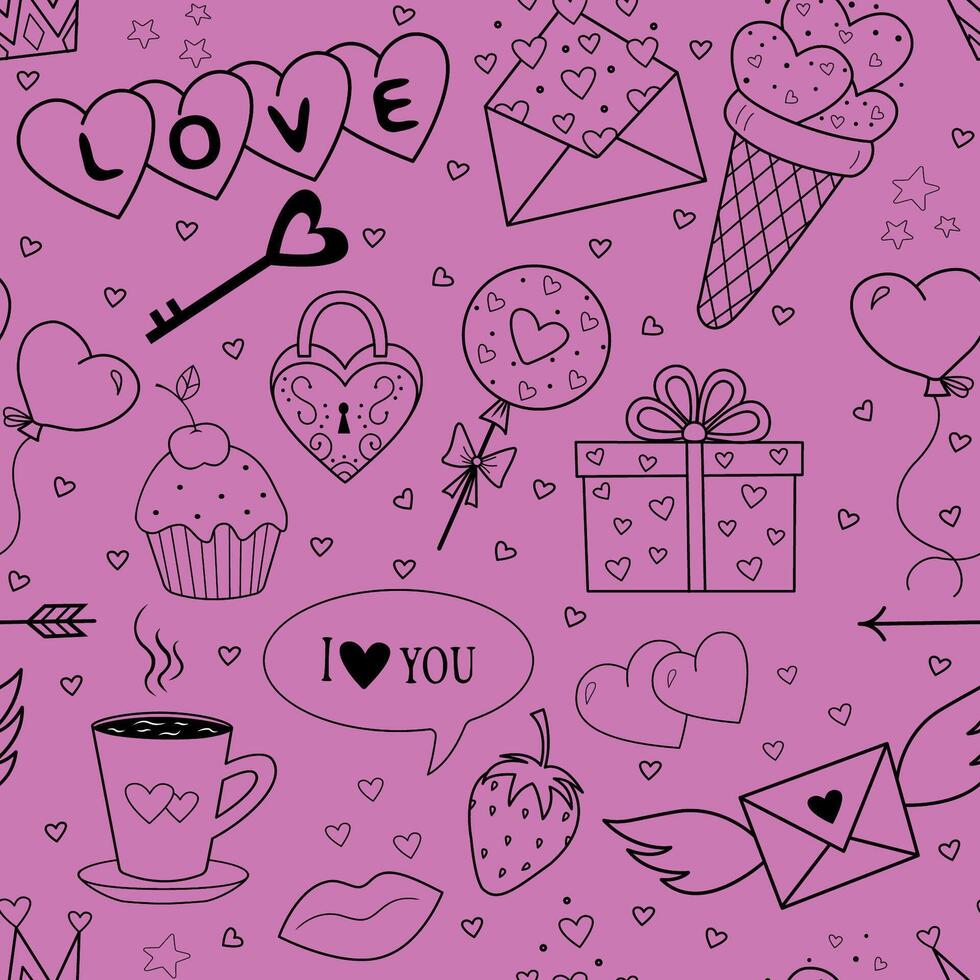 background for Valentine is Day. Seamless pattern with cute cartoon valentine accessories for printing on fabric, textiles, gift wrapping paper, for weddings vector