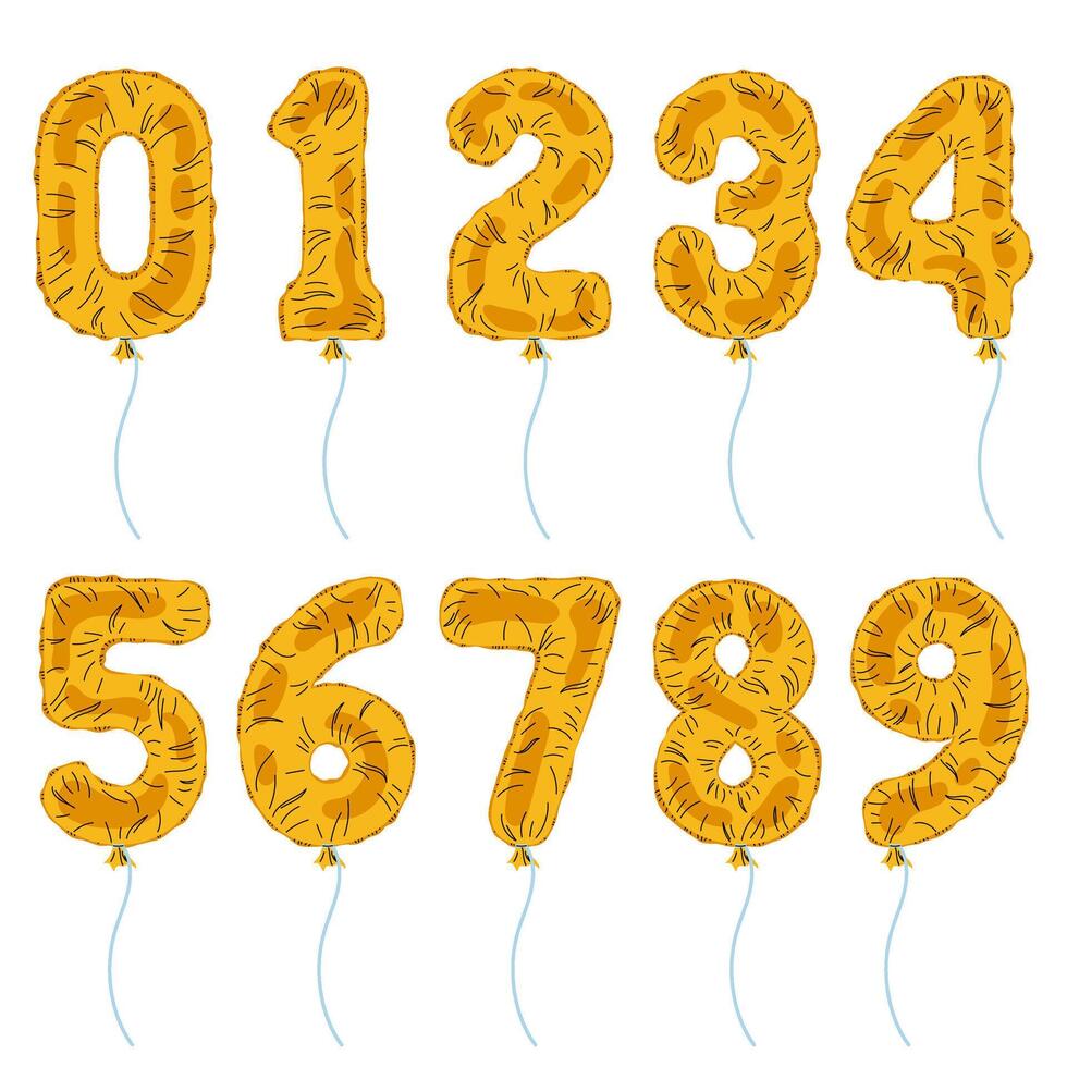 Golden numbers 0-9. Balloons for party, birthday or anniversary. Cartoon numbers set isolated on a white background. vector