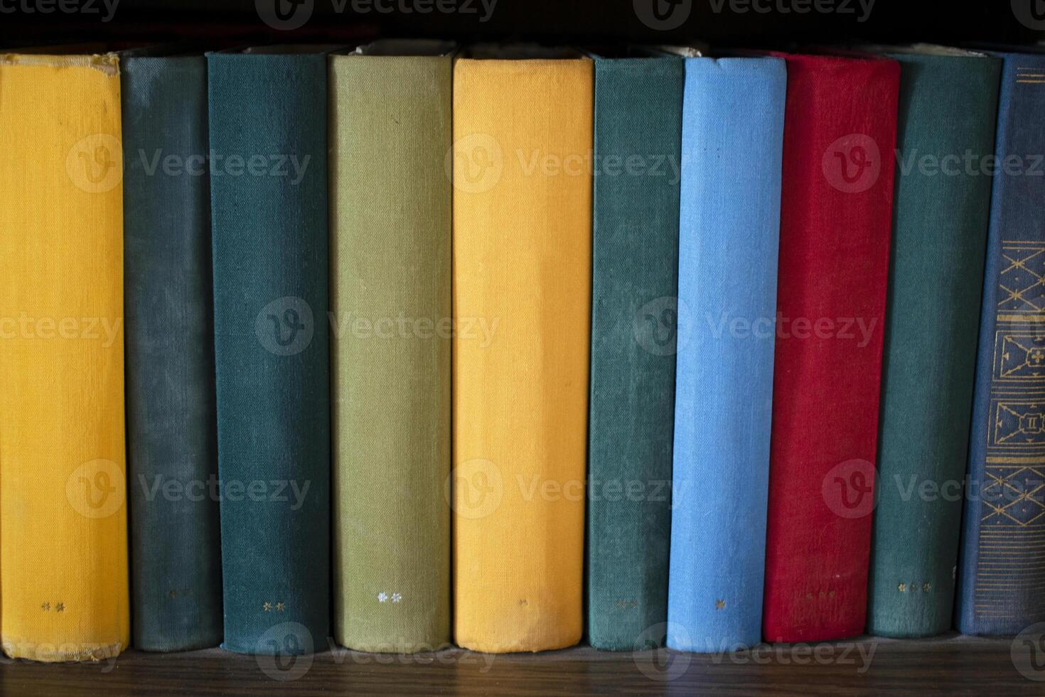 Books. Various books on a wooden shelf. Shelf with books. Home library. photo