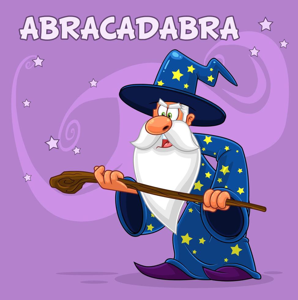 Old Wizard Cartoon Character With A Cane Making Magic vector