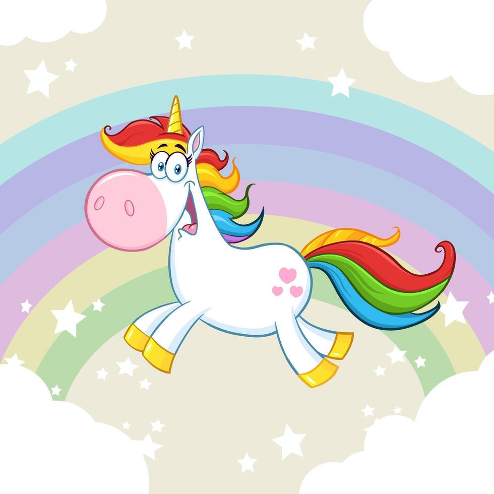 Cute Magic Unicorn Cartoon Mascot Character Running Around Rainbow With Clouds vector