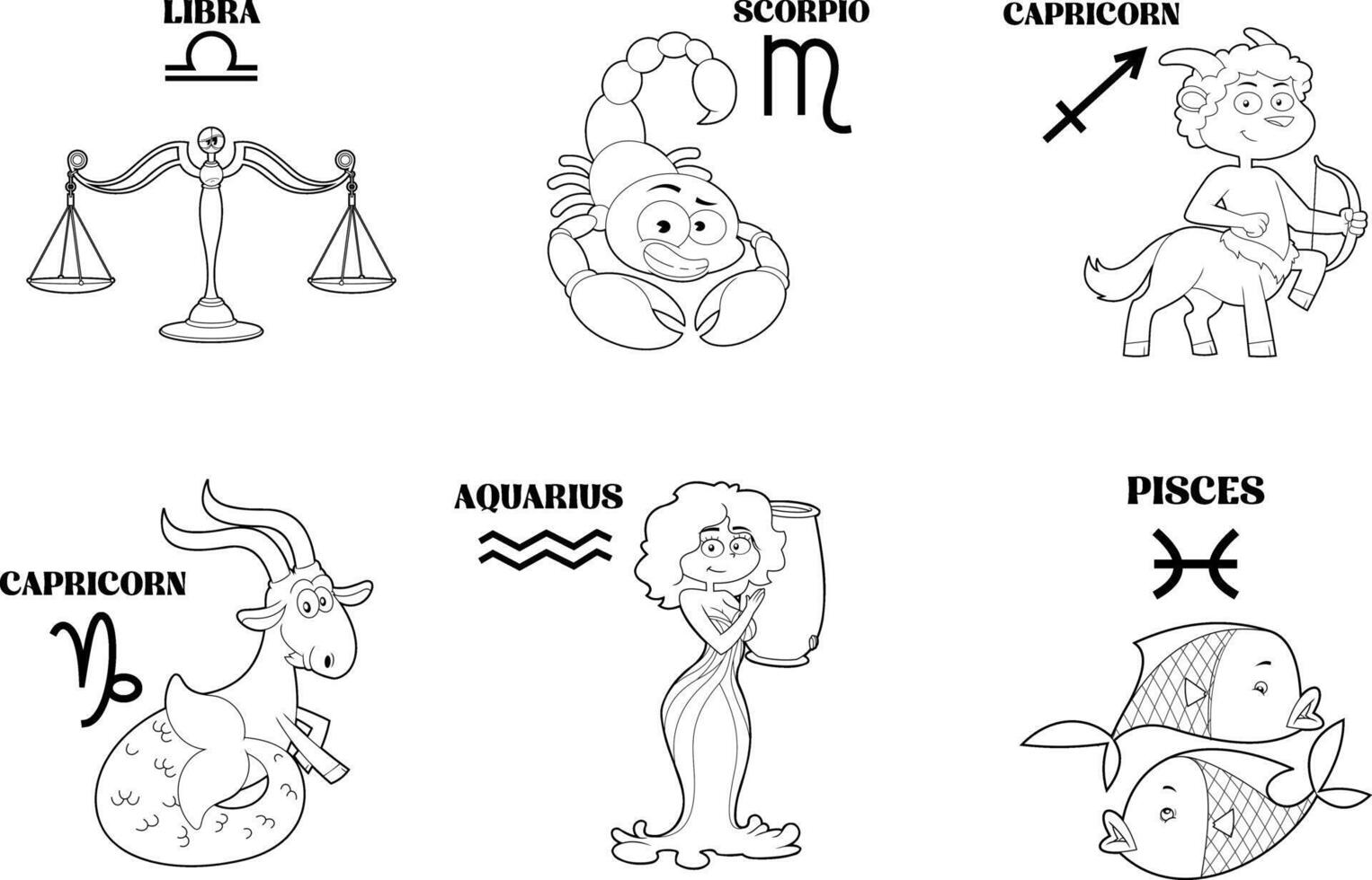 Outlined Funny Cartoon Horoscope Zodiac Sign. Hand Drawn Collection Set Isolated On Transparent Background vector