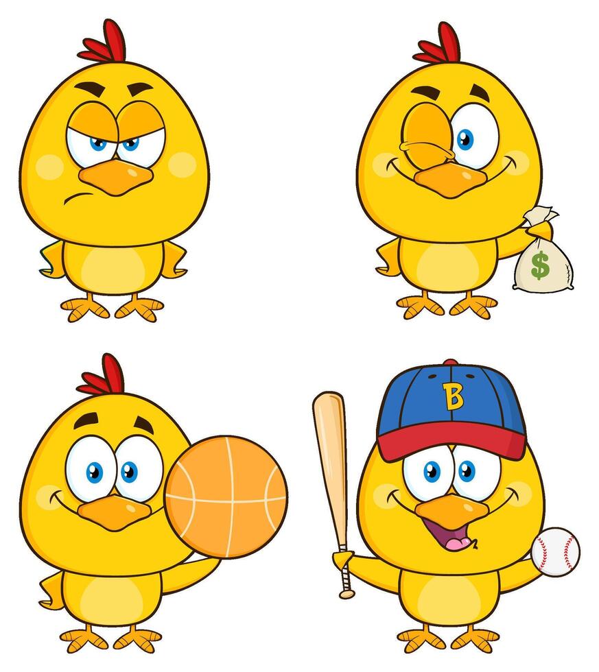 Yellow Chick Cartoon Character. Collection Set - 4 vector