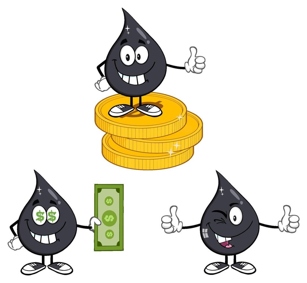 Petroleum Or Oil Drop Cartoon Character. Collection Set - 3 vector