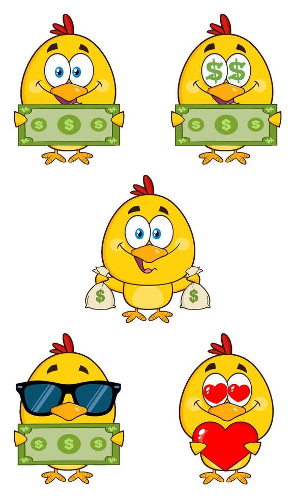 Yellow Chick Cartoon Character. Collection Set - 6 vector