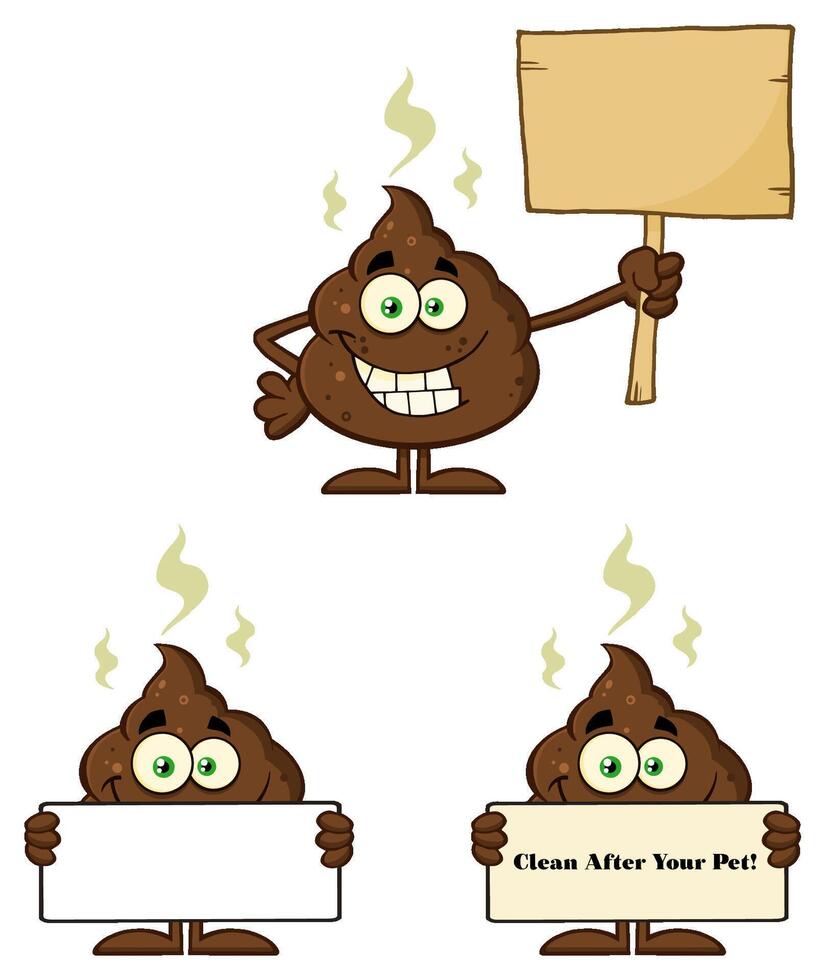 Poop Cartoon Character With Flies Hovering. Collection Set - 3 vector