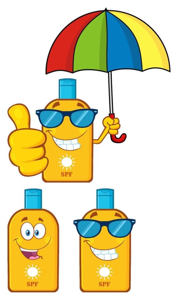 Bottle Sunscreen Cartoon Mascot Character With Sunglasses And Umbrella. Collection Set - 3 vector