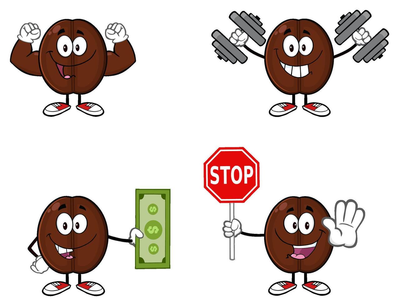Coffee Bean Cartoon Mascot Character. Collection Set - 2 vector