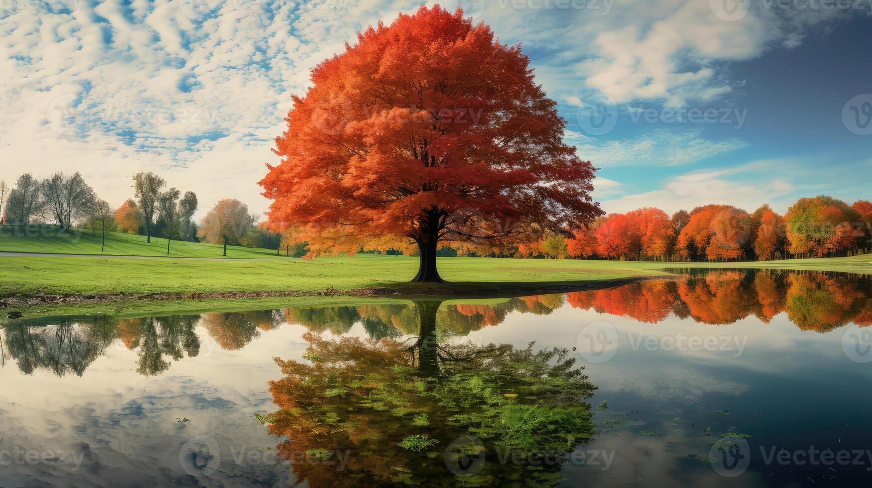 red fall leaves on grass photo