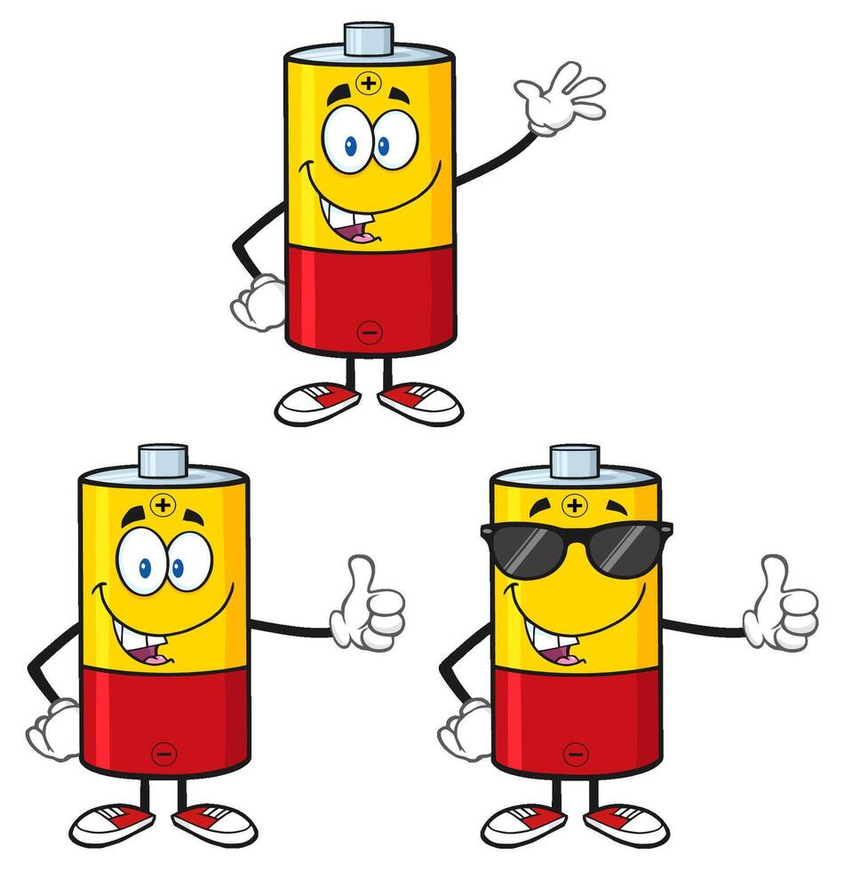 Battery Cartoon Mascot Character. Collection Set - 2 vector
