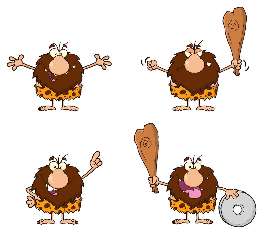 Funny Male Caveman Cartoon Mascot Character. Collection Set - 6 vector