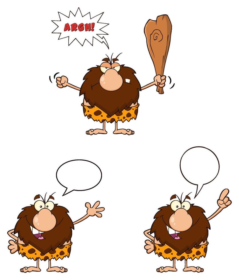 Funny Male Caveman Cartoon Mascot Character. Collection Set - 7 vector