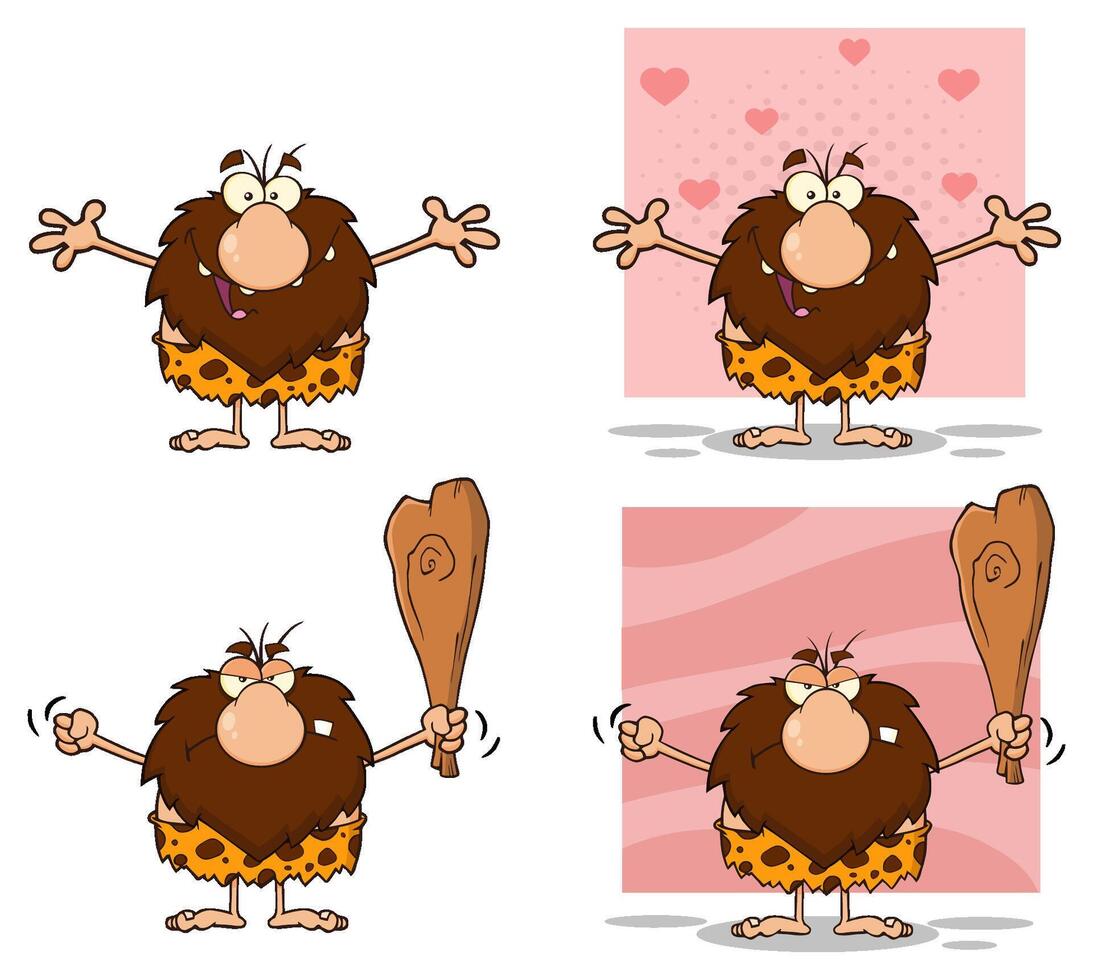 Funny Male Caveman Cartoon Mascot Character. Collection Set - 12 vector