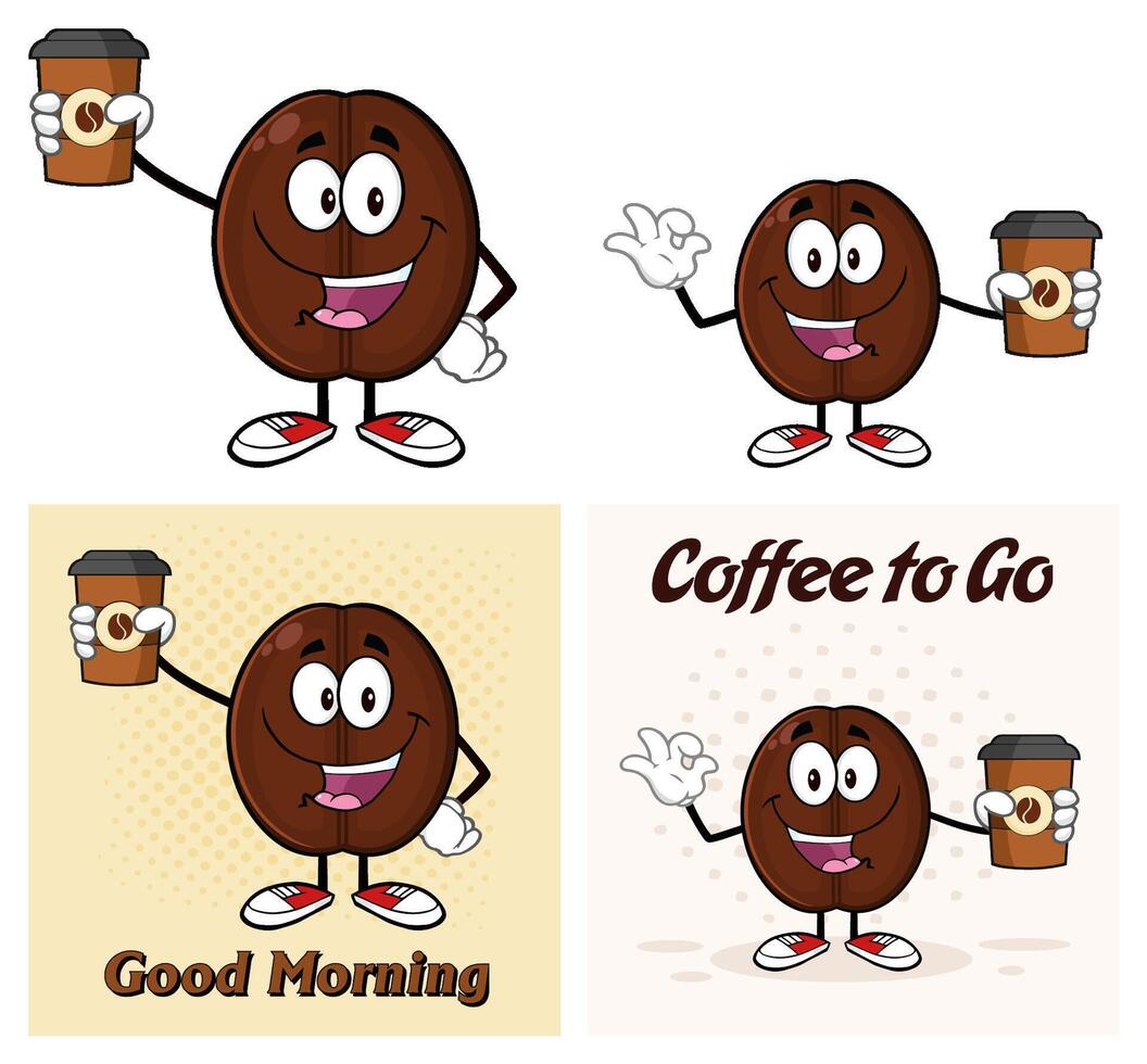 Coffee Bean Cartoon Mascot Character. Collection Set - 5 vector