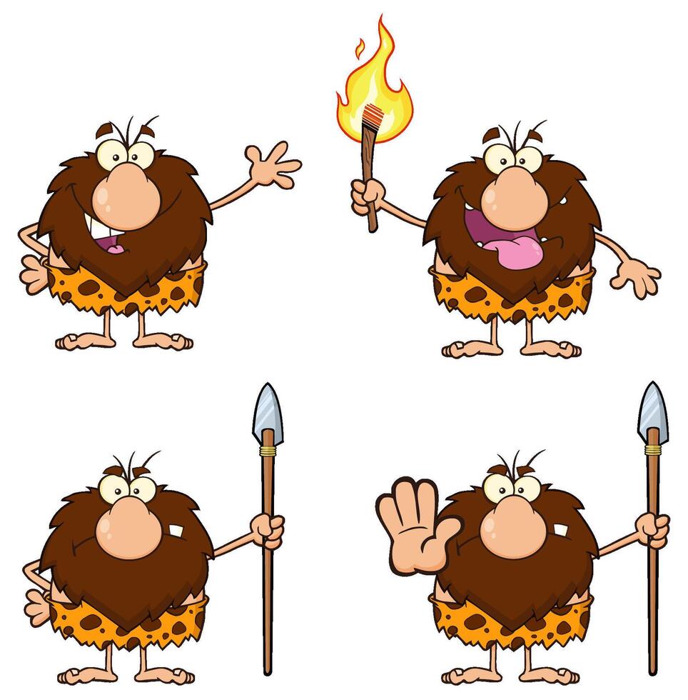 Funny Male Caveman Cartoon Mascot Character. Collection Set - 10 vector