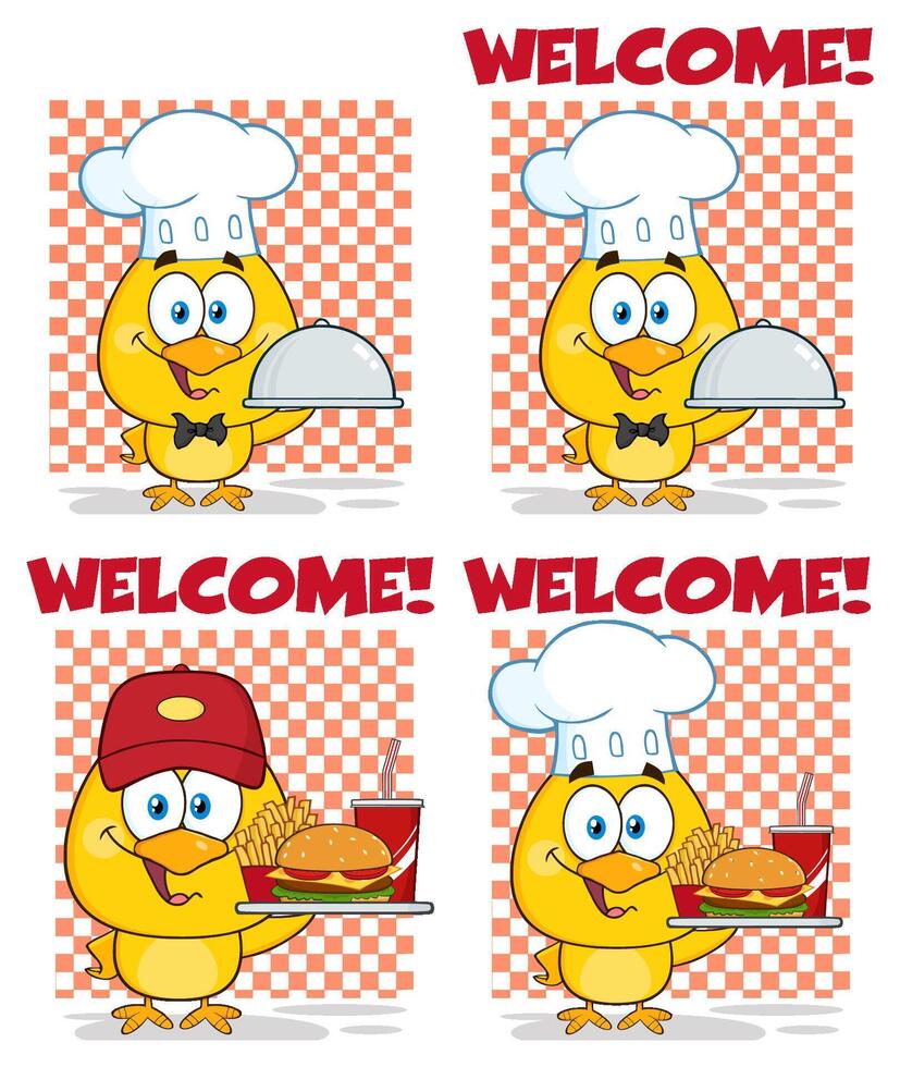 Yellow Chick Cartoon Character. Collection Set - 8 vector