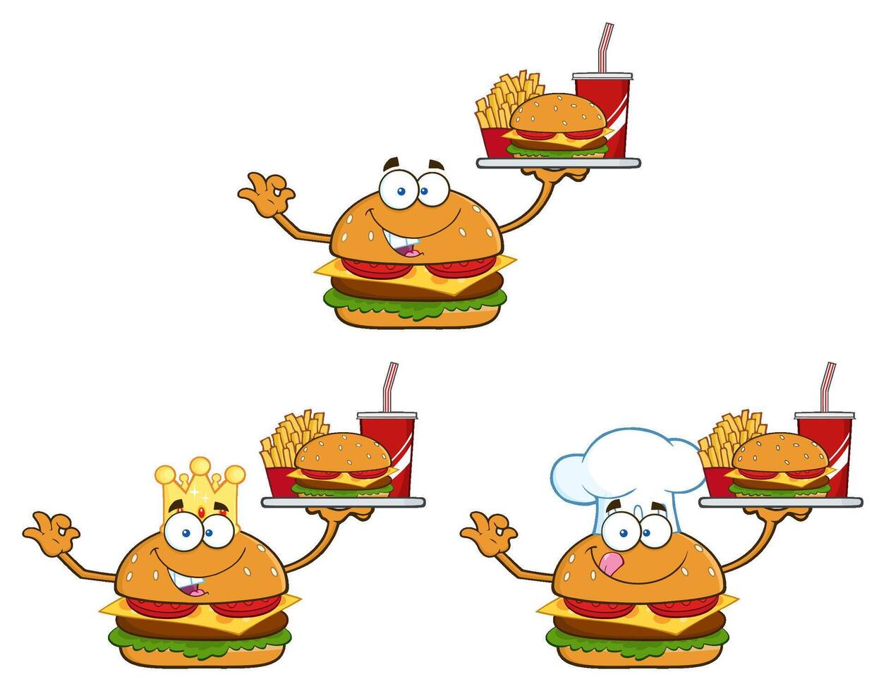 Burger Cartoon Mascot Character. Collection Set - 5 vector