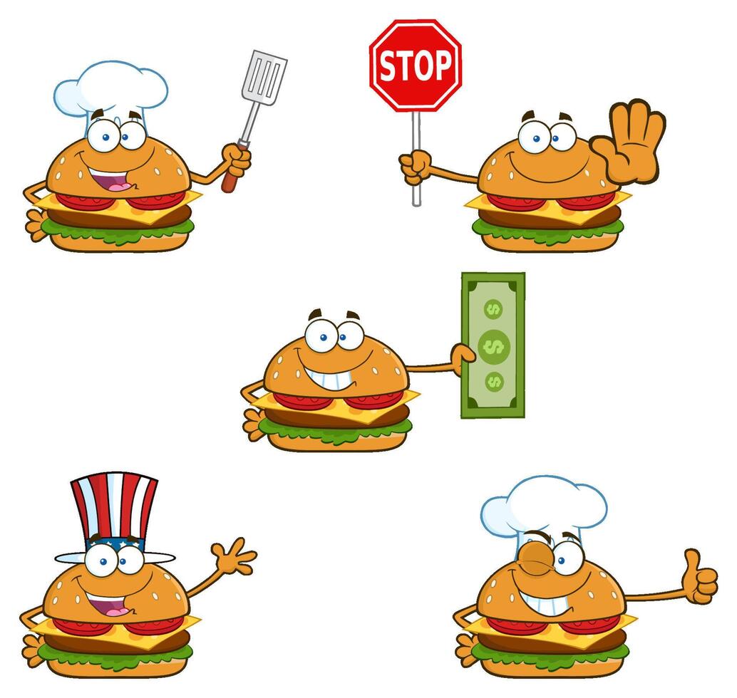 Burger Cartoon Mascot Character. Collection Set - 4 vector