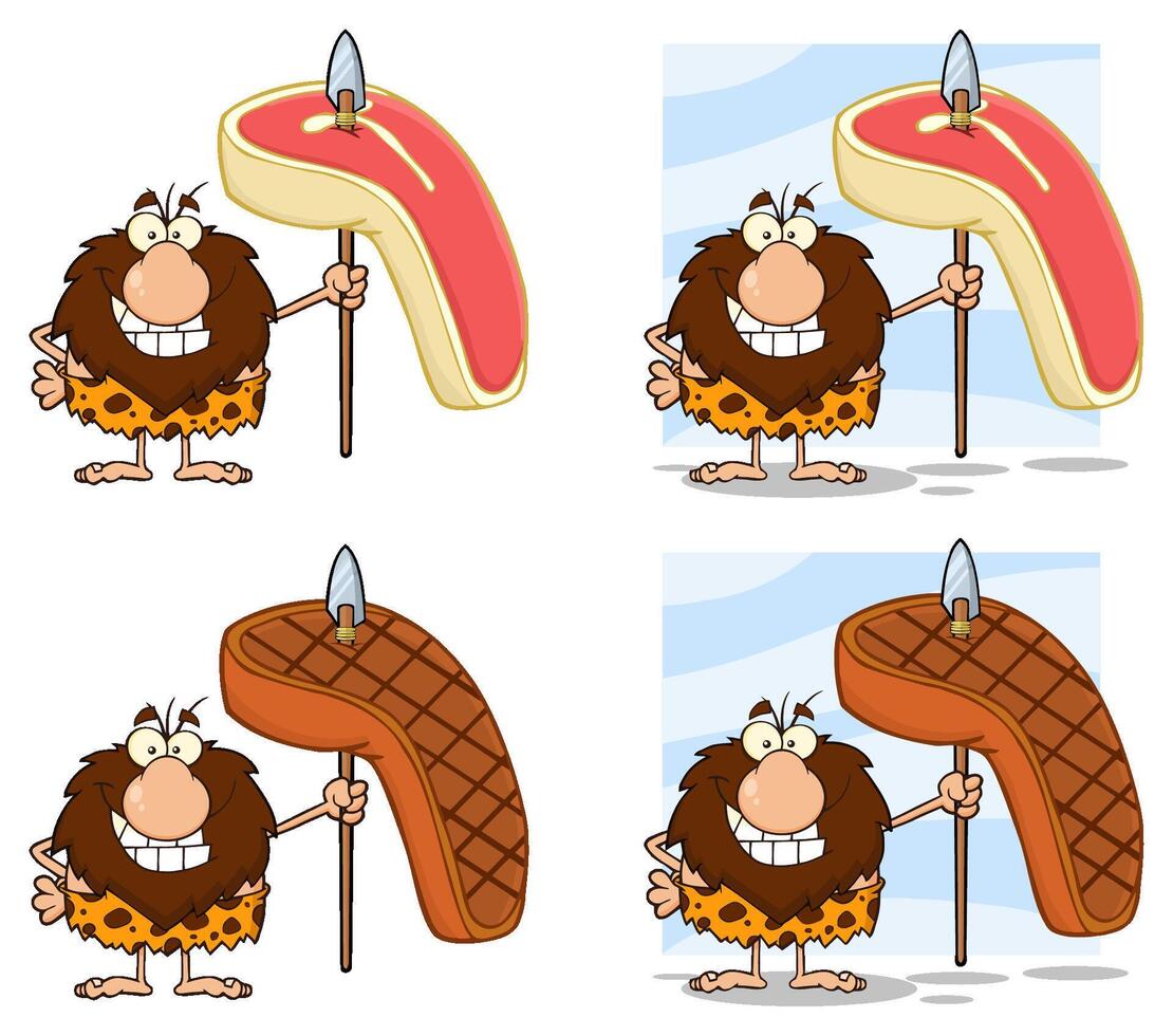 Funny Male Caveman Cartoon Mascot Character. Collection Set - 5 vector