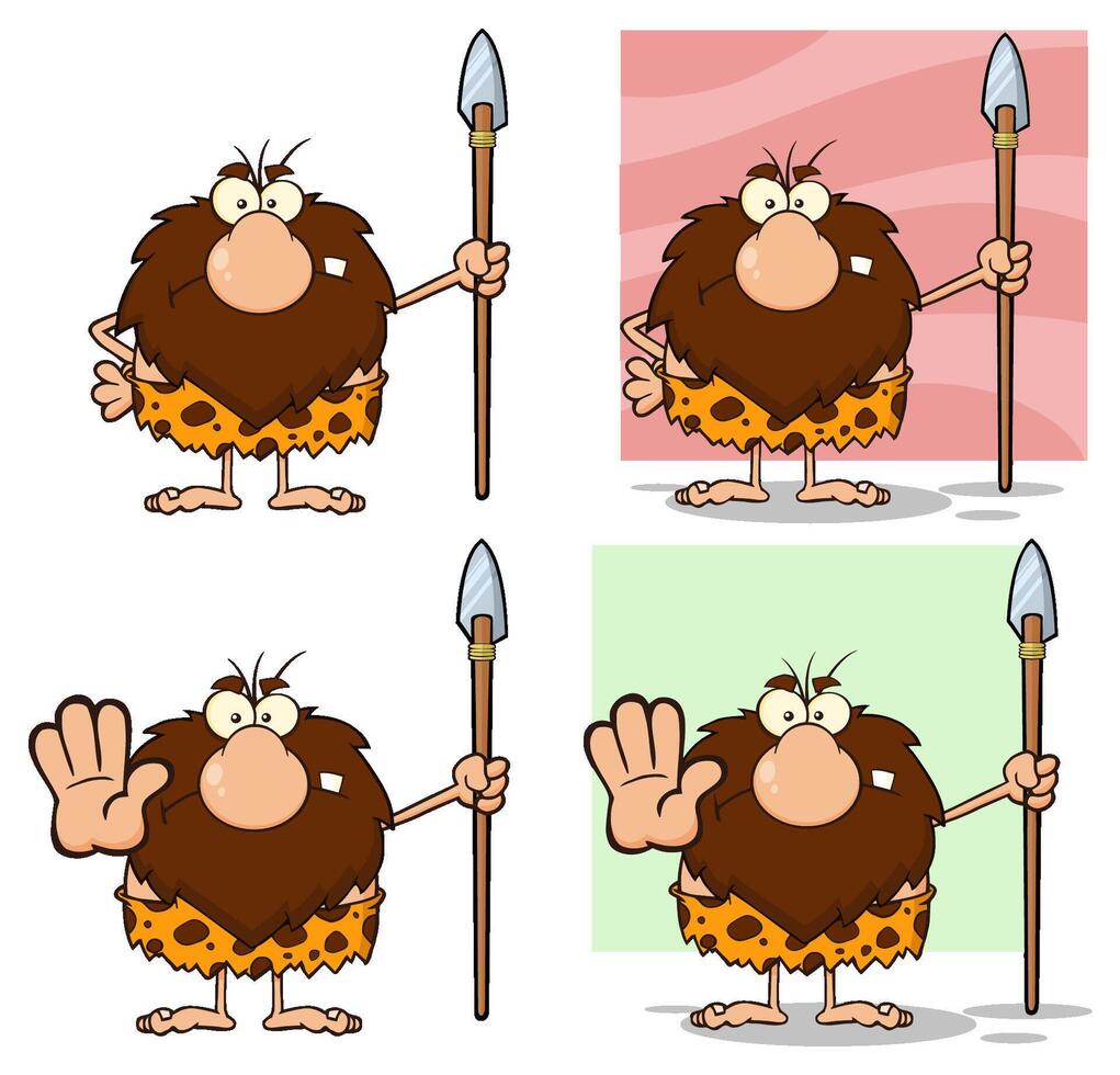 Funny Male Caveman Cartoon Mascot Character. Collection Set - 3 vector