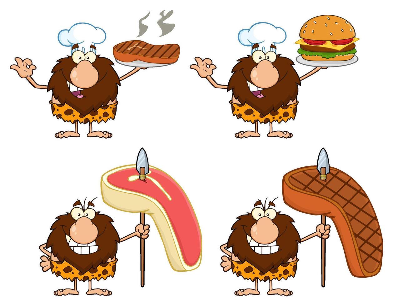 Funny Male Caveman Cartoon Mascot Character. Collection Set - 4 vector