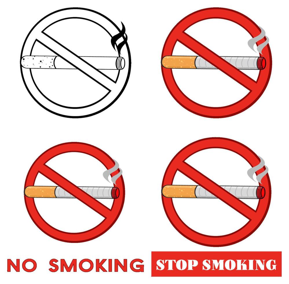 Red Sign Design No Smoking With Cigarette With Text Stop Smoking. Collection Set vector