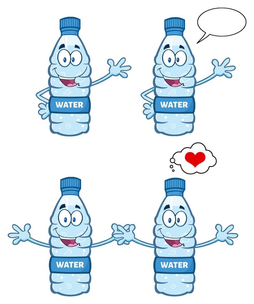 Water Plastic Bottle Cartoon Mascot Character. Collection Set - 3 vector