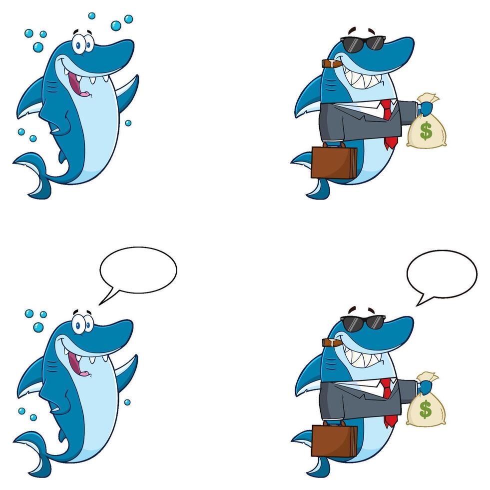 Blue Shark Cartoon Mascot Character. Collection Set - 9 vector