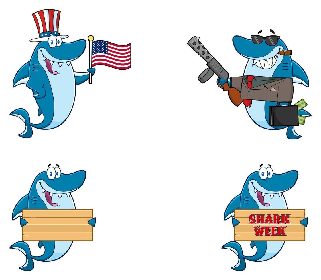 Blue Shark Cartoon Mascot Character. Collection Set - 1 vector