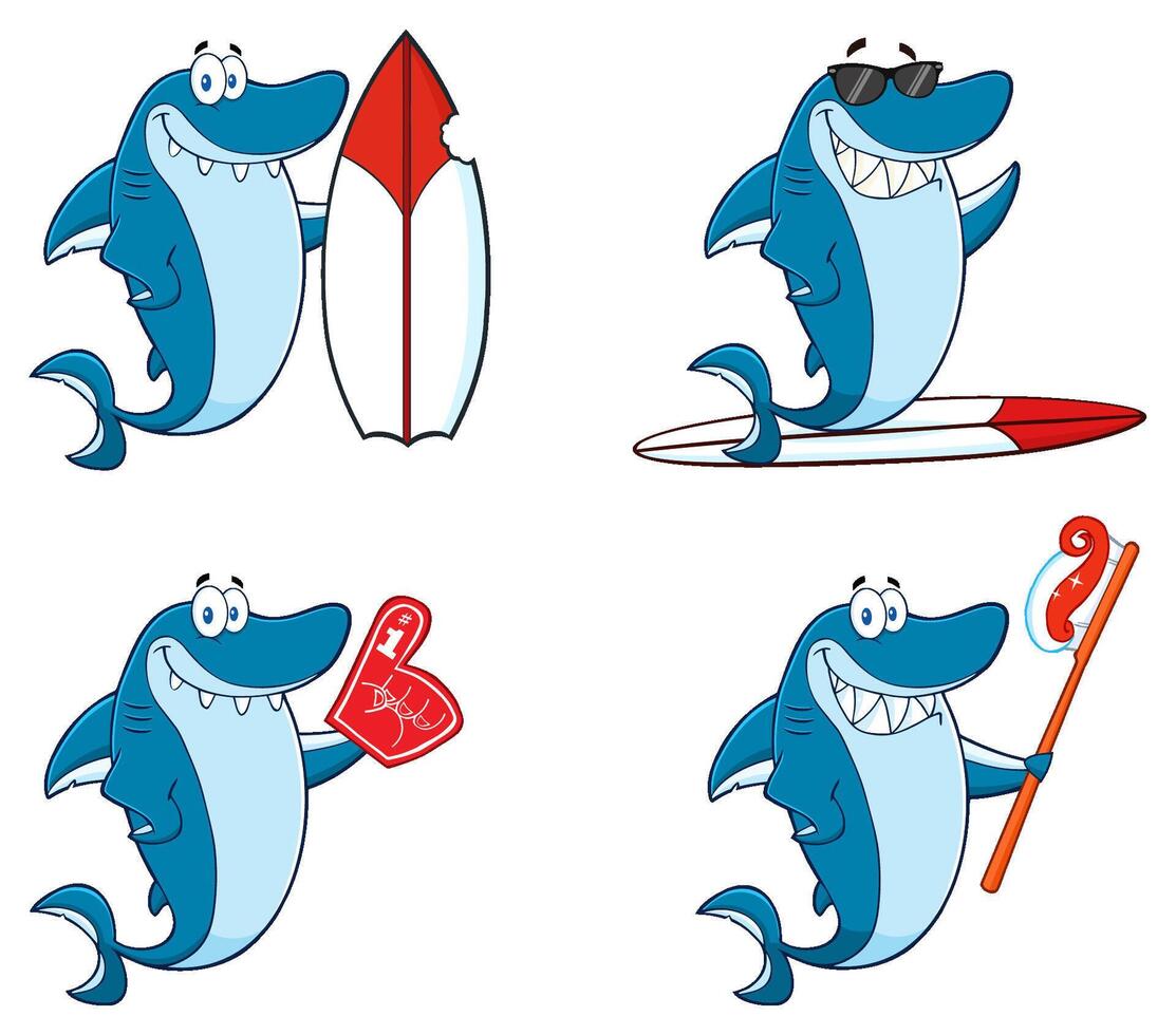 Blue Shark Cartoon Mascot Character. Collection Set - 8 vector