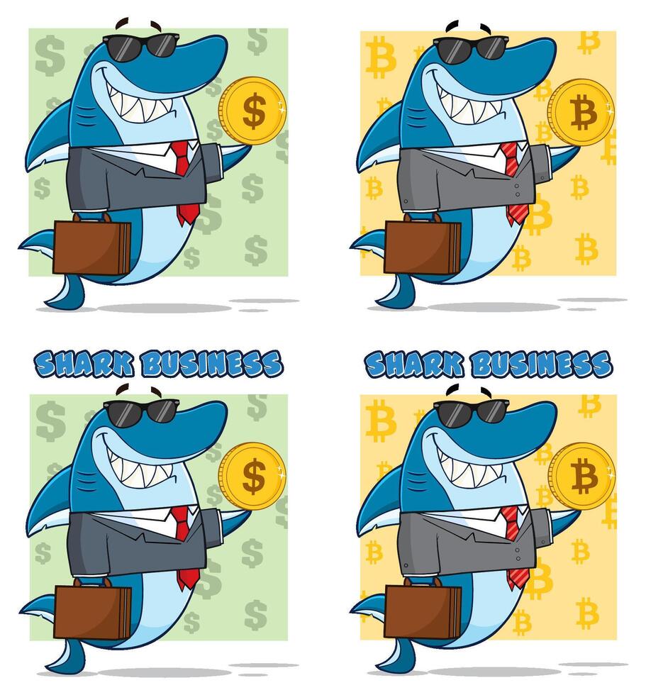 Blue Shark Cartoon Mascot Character. Collection Set - 4 vector
