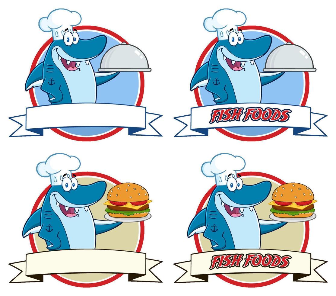 Blue Shark Cartoon Mascot Character. Collection Set - 2 vector