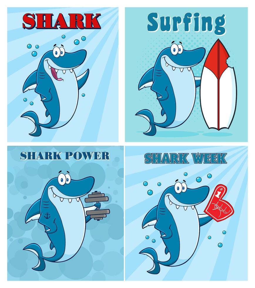 Blue Shark Cartoon Mascot Character. Collection Set - 7 vector