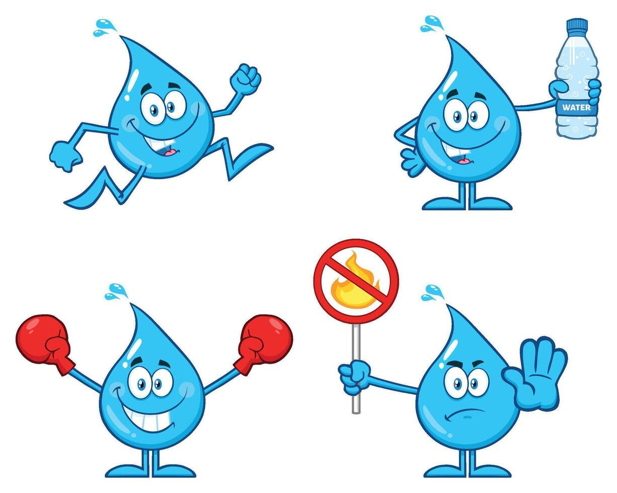 Cartoon Water Drops Representing Sport, Hydration, and Warnings vector