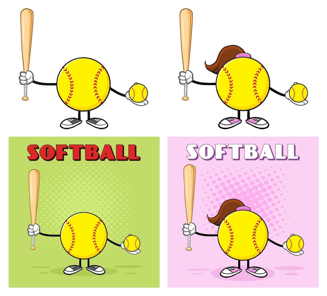 Cartoon Softball Characters Holding Bats vector
